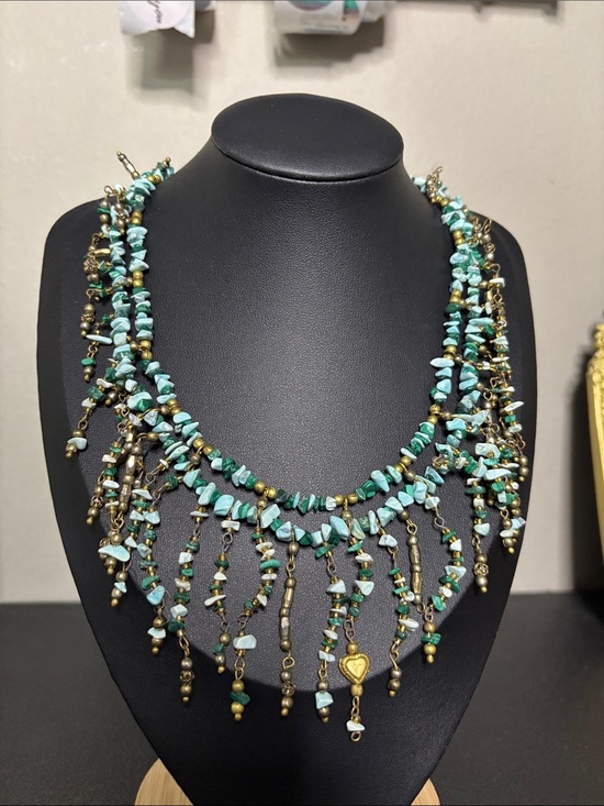 Chico's Jewelry - Chico’s Boho Turquoise Beaded Fringe Necklace - Gold Accent - Women Jewelry